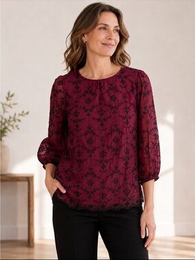 SFERRA Burgundy Sheer Blouse with Black Embroidered Motif